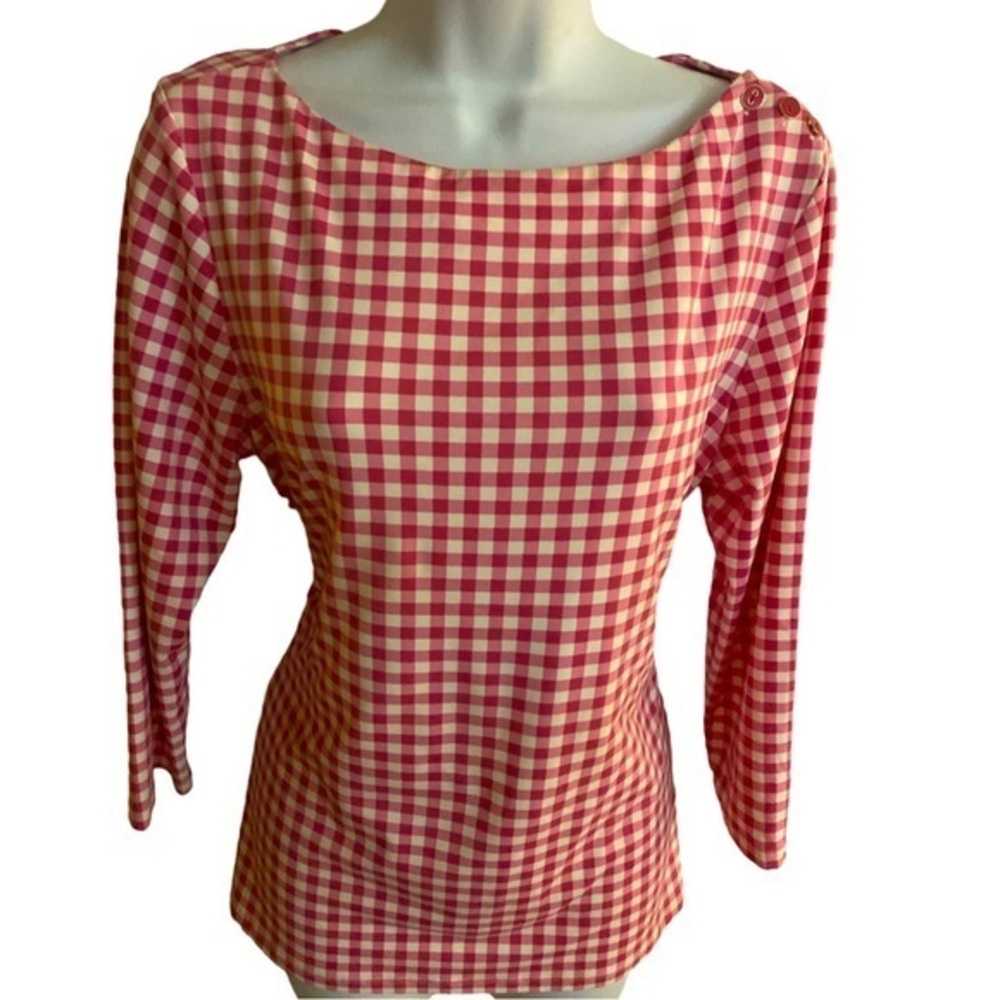 J McLaughlin Checkered Top- L pink white , nylon spandex